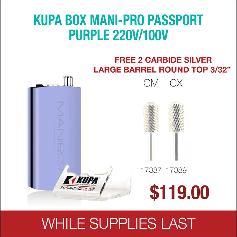Kupa - BOX Mani-Pro Passport - Purple 220/110V - Free 2 Carbide Silver Large Barrel Round Top 3/32''