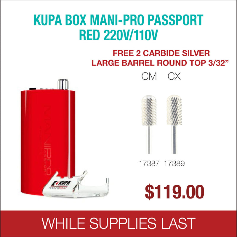 Kupa - BOX Mani-Pro Passport - Red 220/110V - Free 2 Carbide Silver Large Barrel Round Top 3/32''