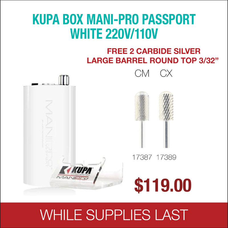 Kupa - BOX Mani-Pro Passport - White 220/110V - Free 2 Carbide Silver Large Barrel Round Top 3/32''